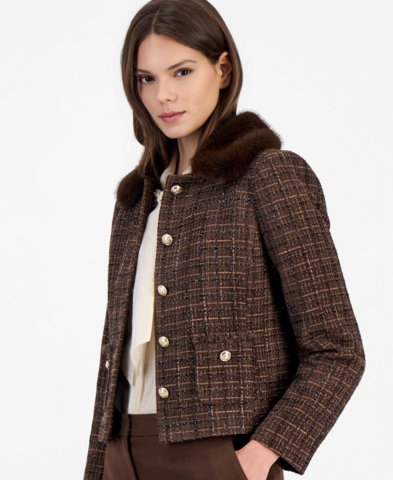 Women's Cropped Boucl&eacute; Plaid Jacket