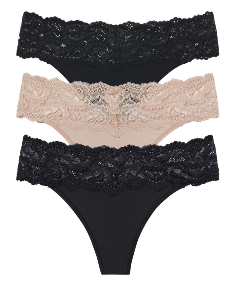 Women's Goddess Lace Trim Thong 3-Pack