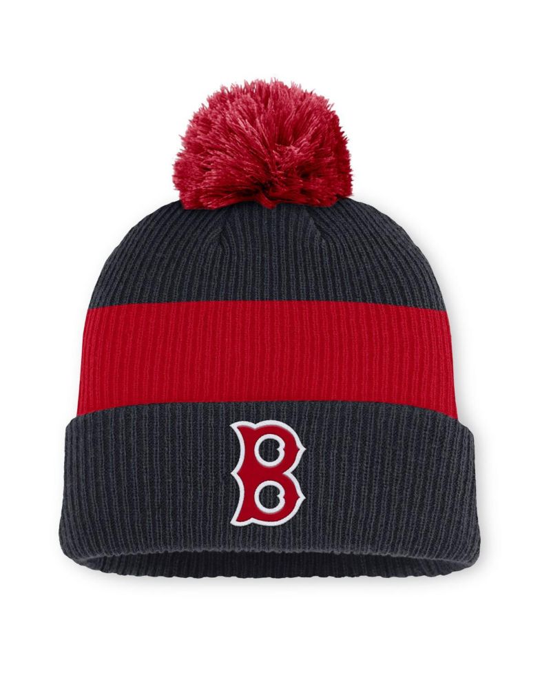 Men's Navy/Red Boston Red Sox Cooperstown Collection Peak Standard Cuffed Pom with Knit Hat