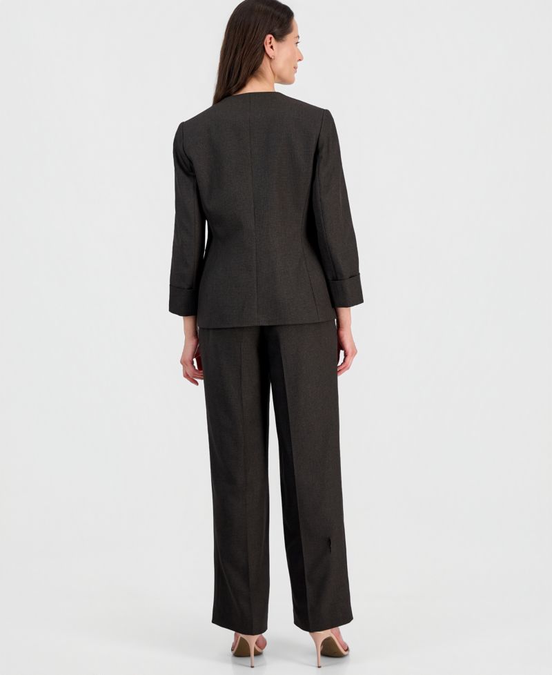 Women's Collarless One-Button Jacket & Fly-Front Wide-Leg Pants Suit