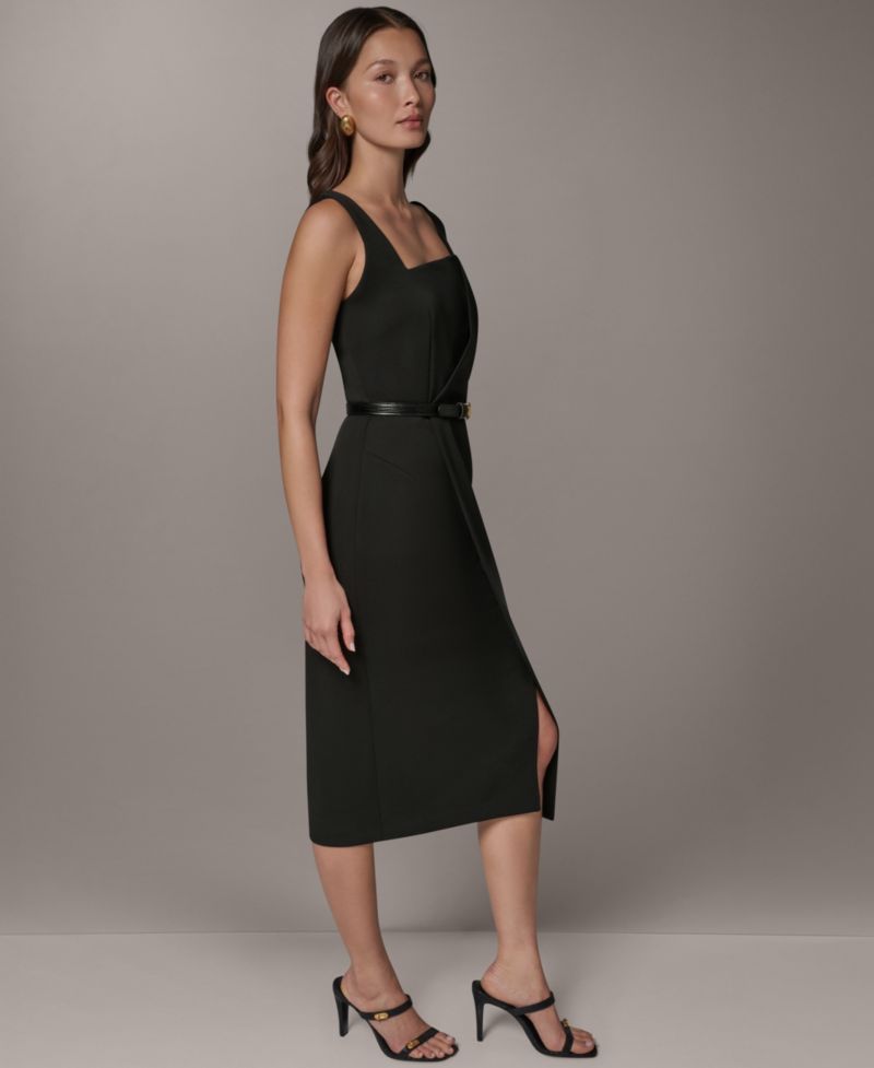 Women's Sleeveless Asymmetrical Neck Midi Sheath Dress with Belt
