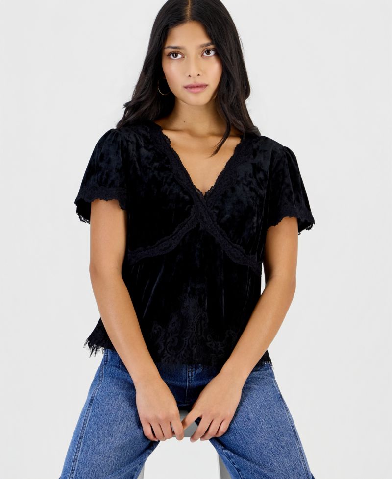 Petite Velvet Lace-Trim V-Neck Short-Sleeve Blouse