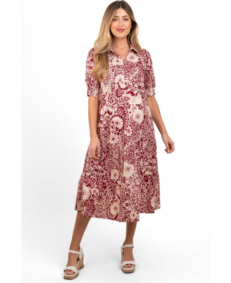 Women's Burgundy Floral Collared Tiered Midi Dress
