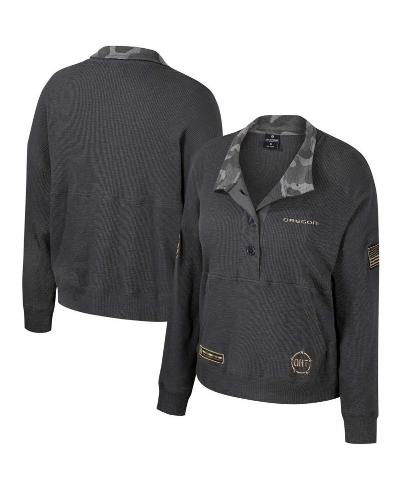 Women's Heather Charcoal Oregon Ducks OHT Military Appreciation Payback Henley Thermal Sweatshirt