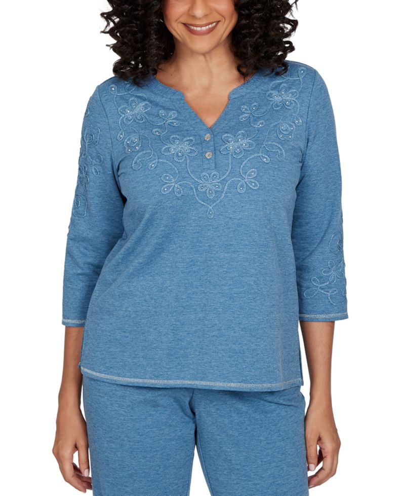 Petite 3/4-Sleeve Side-Slit Henley T-Shirt