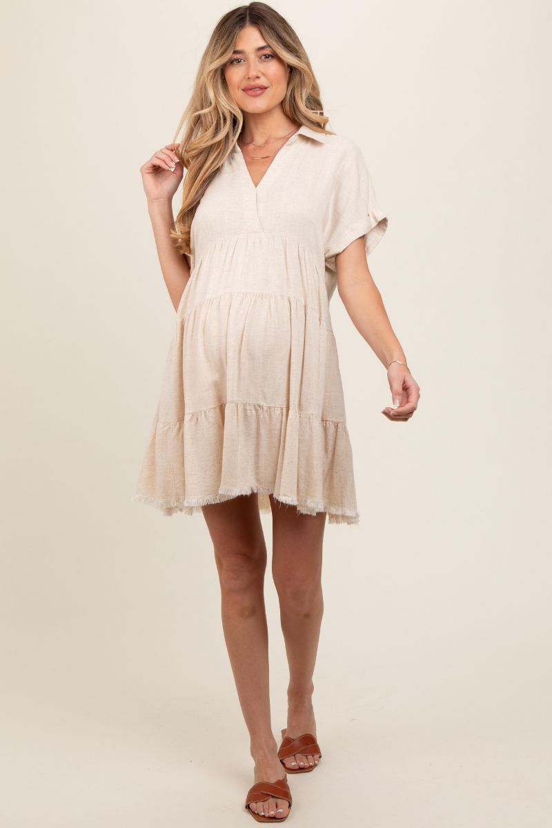 Women's Cream Tiered Linen Dress