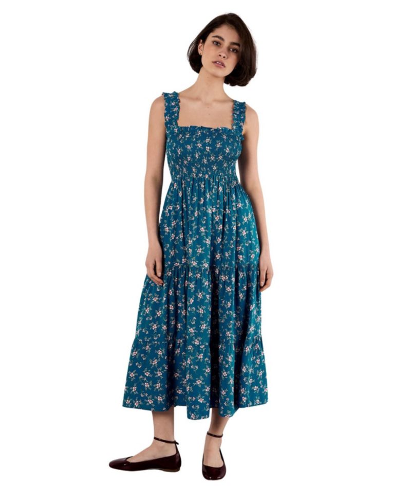 Women's Orchid Floral-Print Square Neck Tiered Midi Dress
