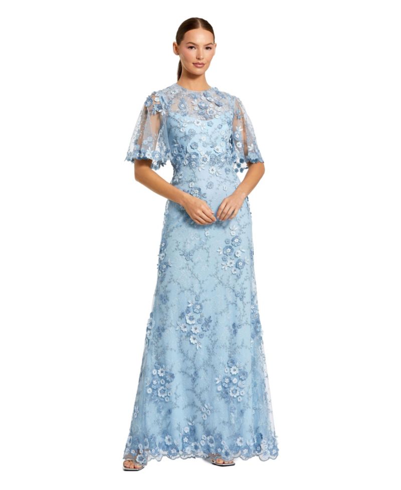 Petite Flutter Sleeve Floral Embroidered Net Gown