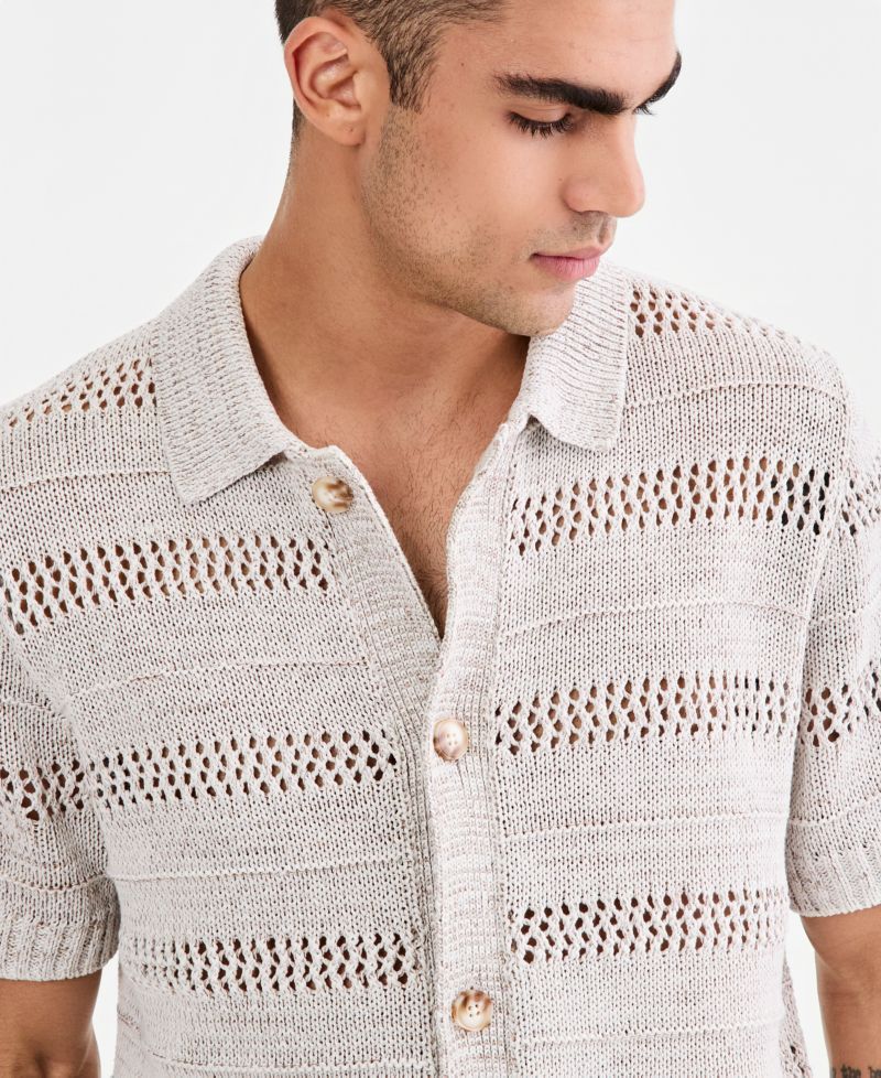 Men's Striped Open-Stitch Button Sweater