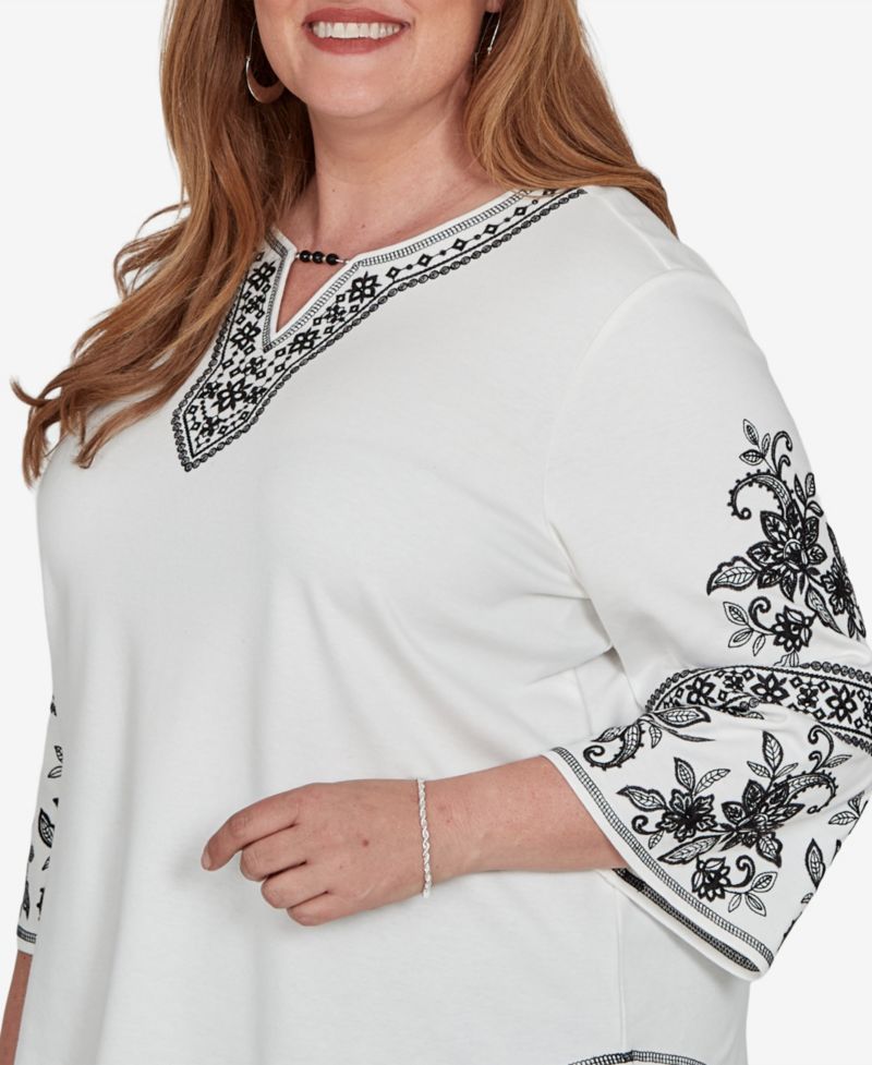 Plus Size 3/4-Sleeve Keyhole Neck Cotton-Blend Blouse