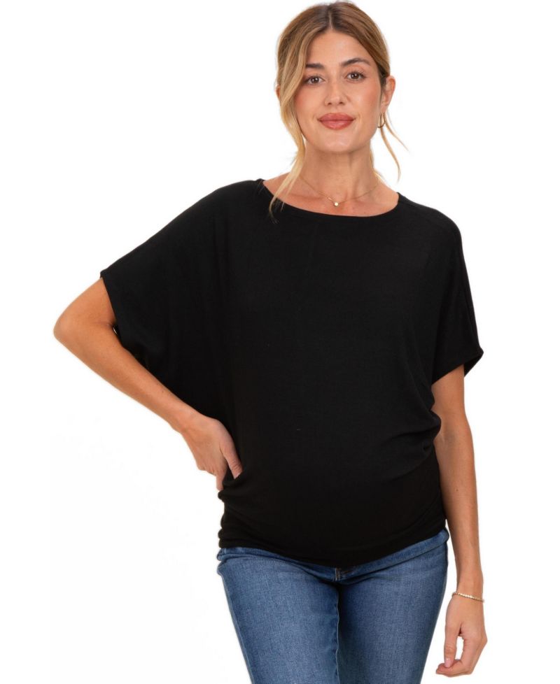 Maternity Dolman-Sleeve Boat-Neck Side-Ruched T-Shirt