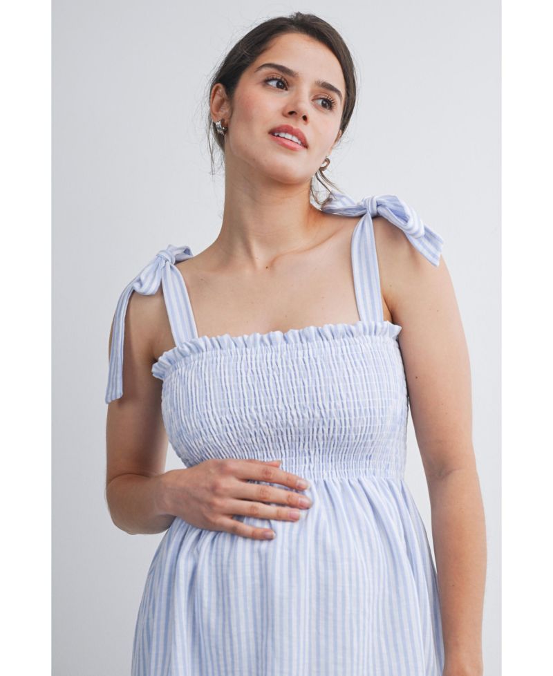 Maternity Striped Smocked Square Neck Tie Strap Top