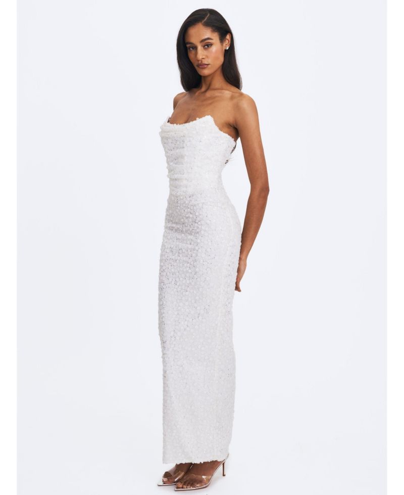 Women's Myra White Beaded Mesh Strapless Wedding Dress