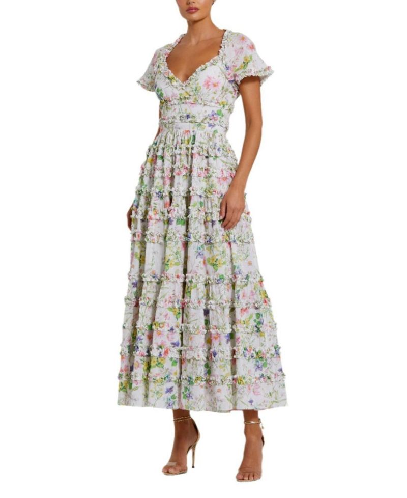 Women's Cap Sleeve V Neck Open Back Floral Cotton Dress