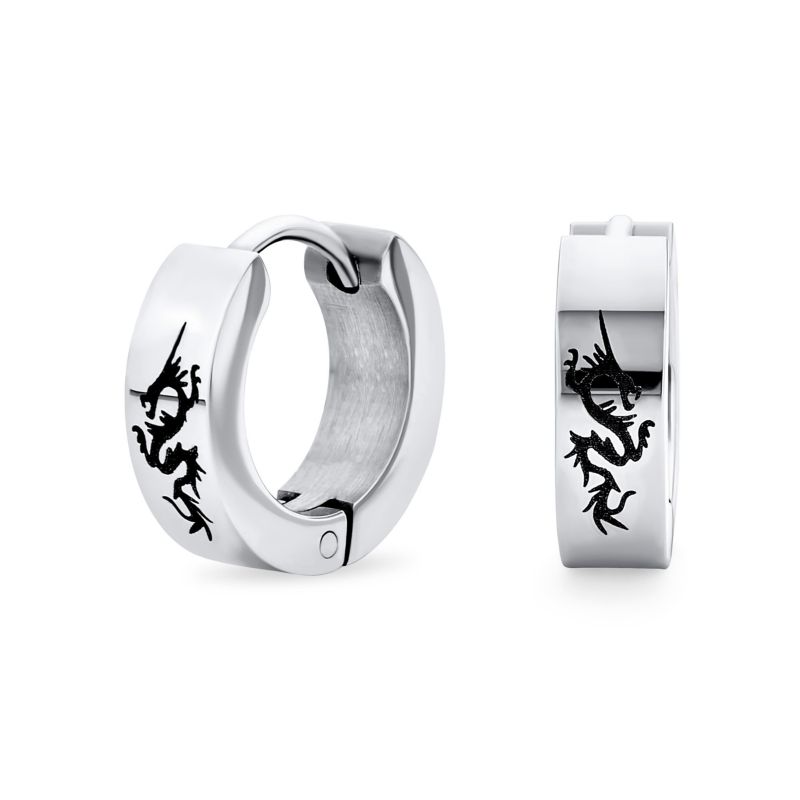 Asian Dragon Mini Hoop Huggie Earrings Silver Tone Stainless Steel