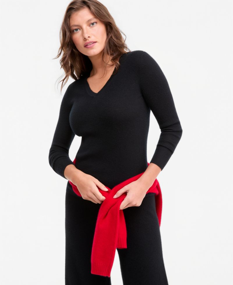 Women's 100% Cashmere Featherweight Ribbed V-Neck Sweater