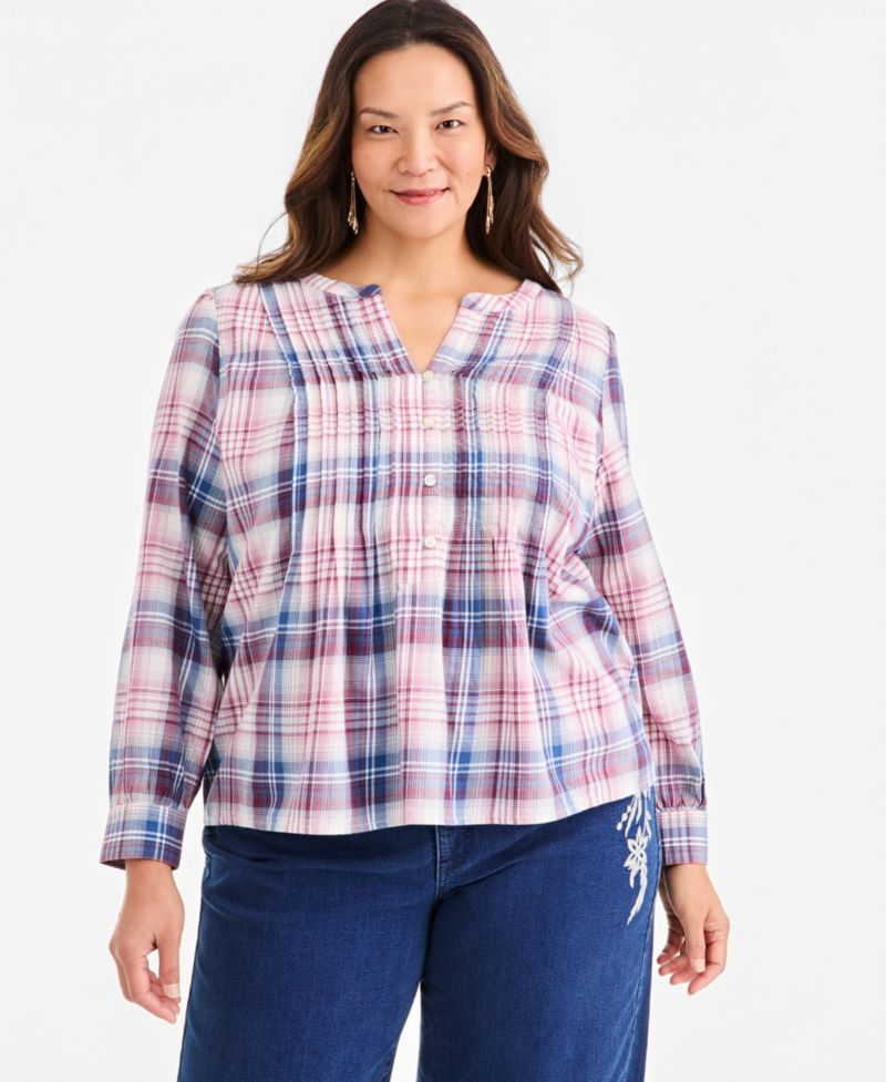 Plus Size Plaid Pintuck Long-Sleeve Top