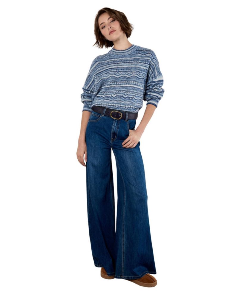 Women's Pointelle Space Dye Knit Long-Sleeve Crewneck Sweater