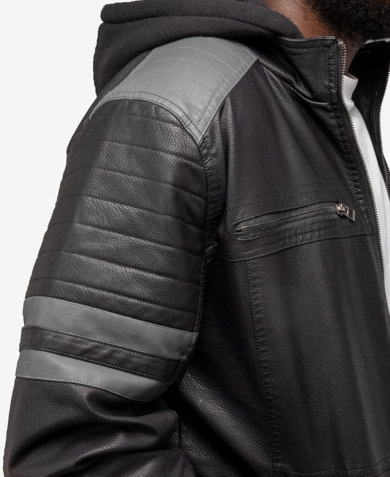 XRAY Men's Grainy PU Leather Hooded Jacket With Faux Shearling Lining