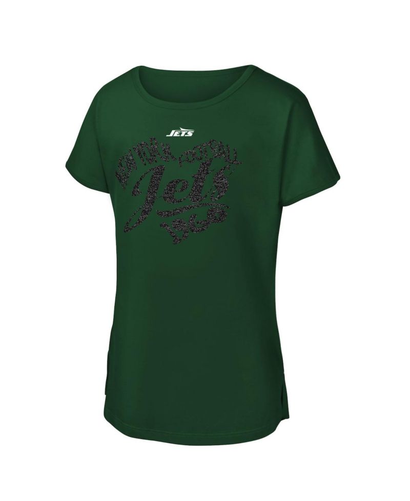 Big Girls Green New York Jets Script Heart Dolman T-Shirt