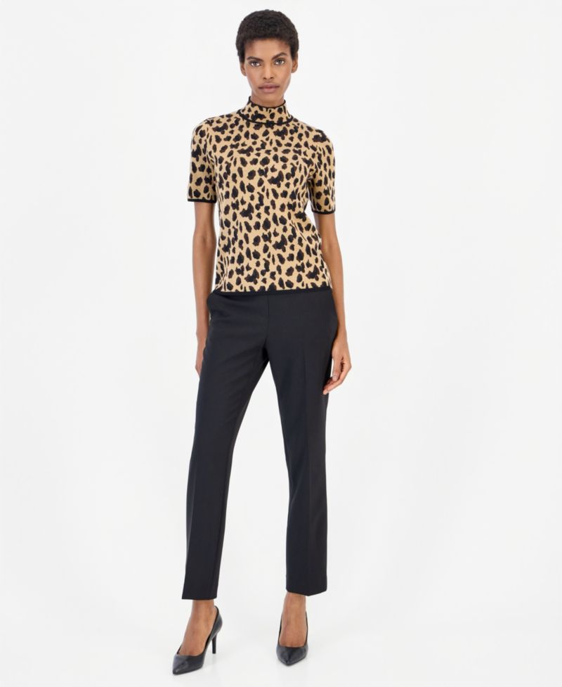 Petite Animal-Print Mock-Neck Short-Sleeve Sweater
