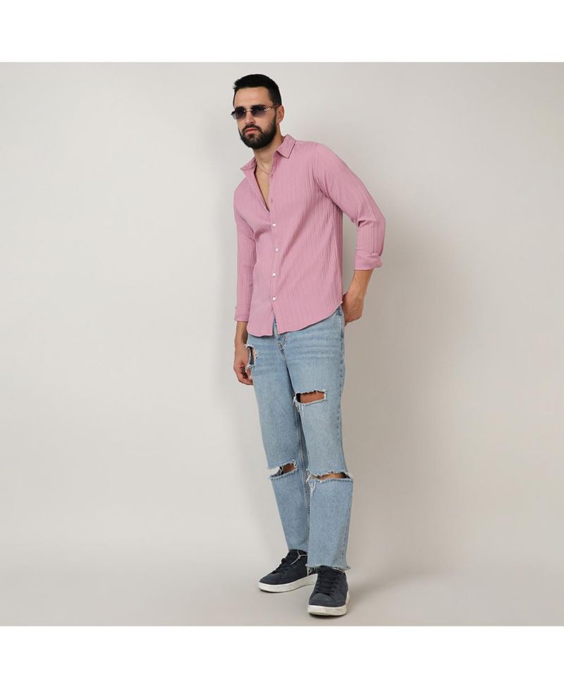 Men's Salmon Pink Self-Design Striped Shirt