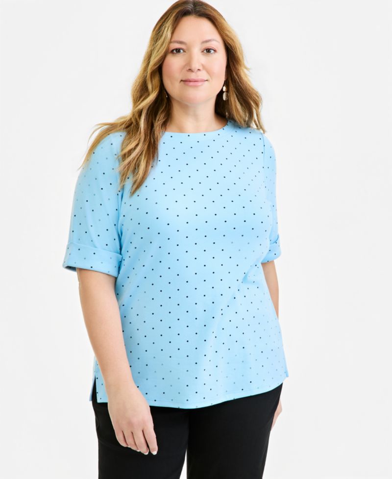 Petite Printed Boat-Neck Elbow Sleeve Top