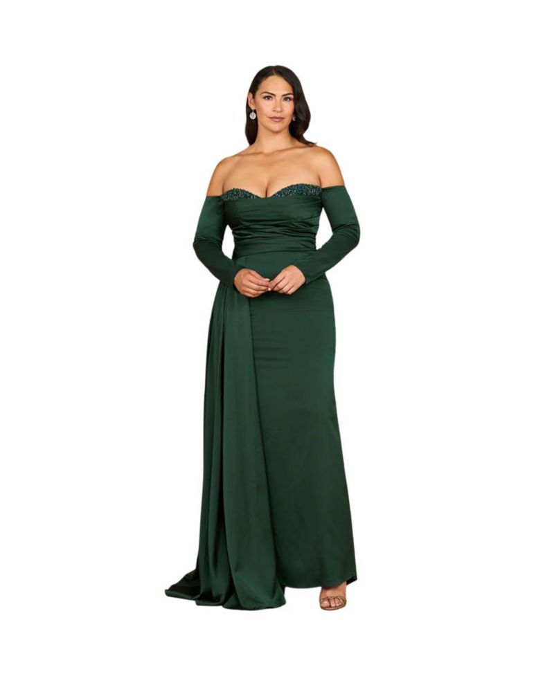 Women's Off Shoulder Satin Dress with Beaded Details