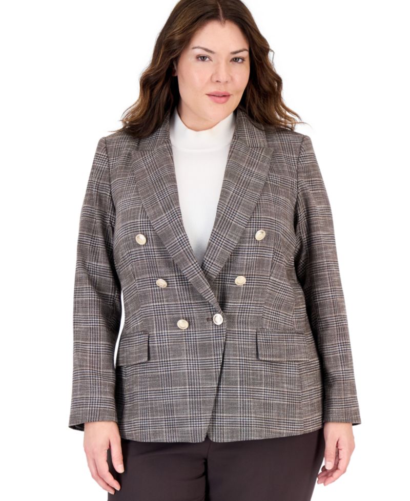 Plus Size Plaid Double-Breasted Blazer