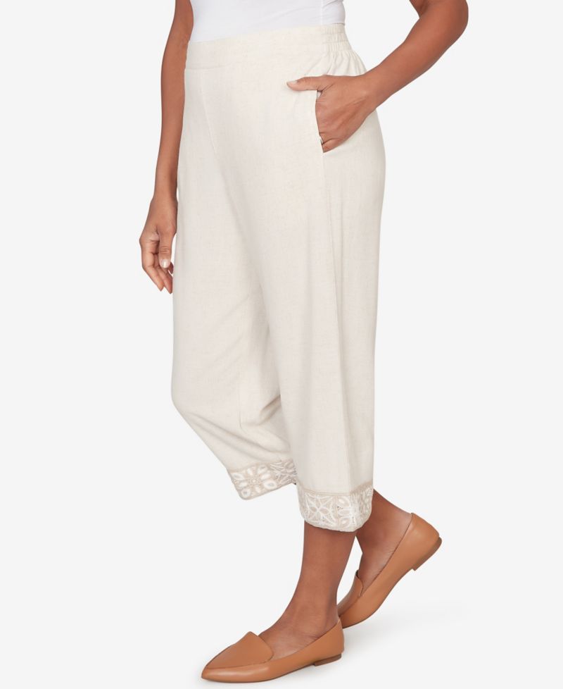 Plus Size Natural Wonder Crochet Trim Linen Capri Pants