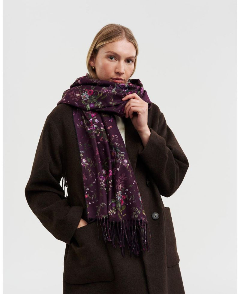 Women's Eve Floral Long Fringed Scarf in Burgundy