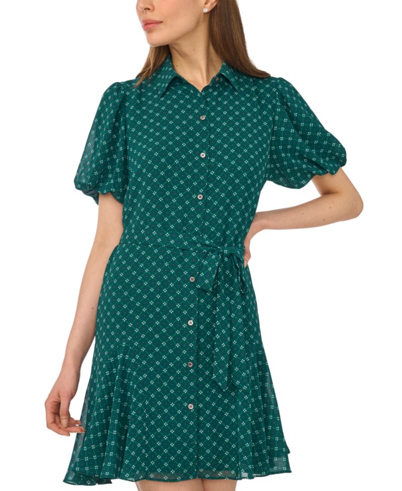 Women's Chiffon Waist-Tie Short-Sleeve Shirt Dress with Godets
