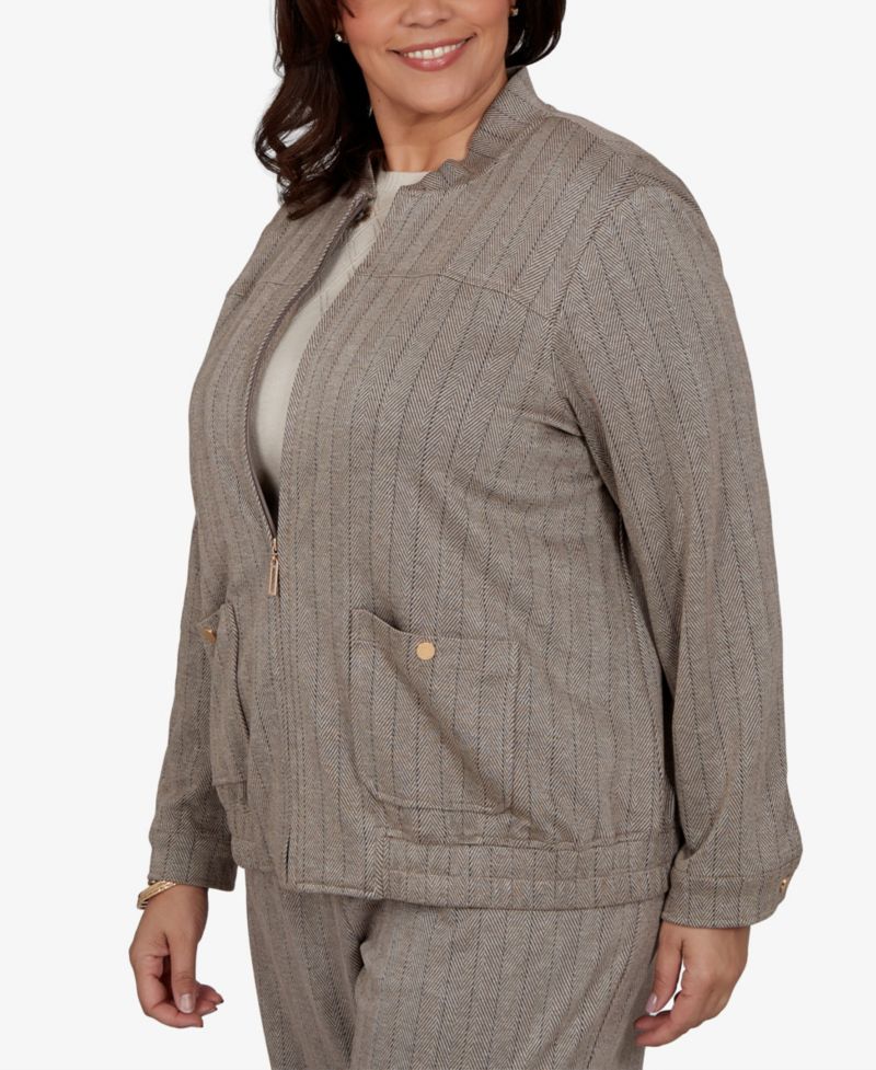 Plus Size Striped Mandarin Collar Bomber Jacket