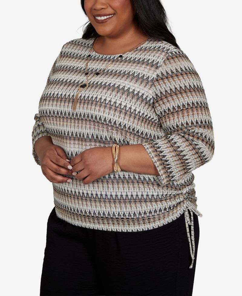 Plus Size Travel Advisory 3/4-Sleeve Textured Top with Necklace