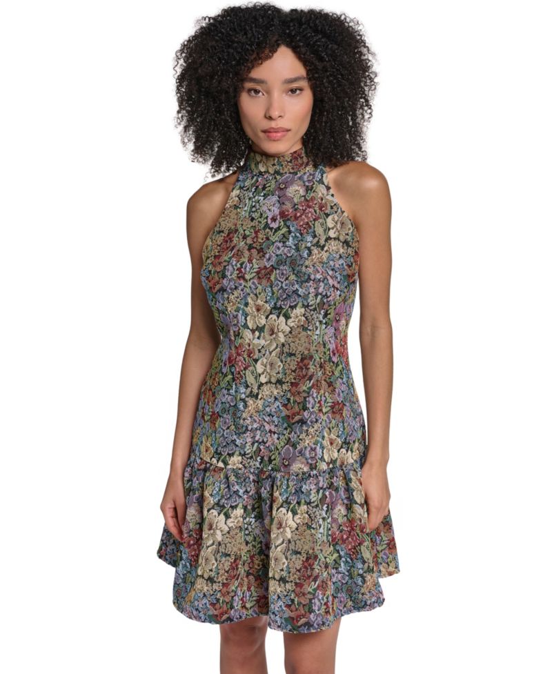 Women's Floral-Tapestry Drop-Waist Halter Dress