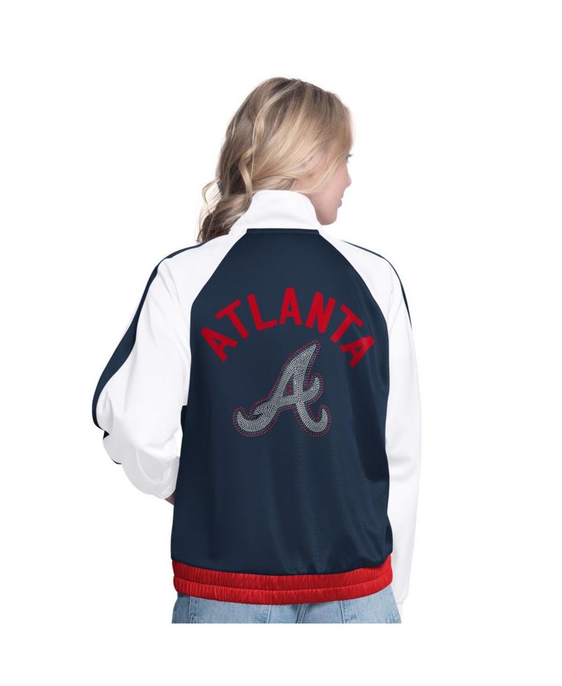 Women's White/Navy Atlanta Braves Rally Rhinestone Raglan Full-Zip Track Jacket