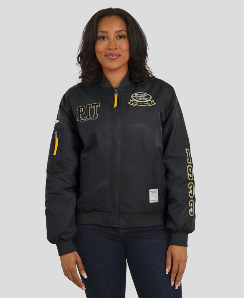 Women's Black Pittsburgh Steelers Patch Full-Zip Bomber Jacket