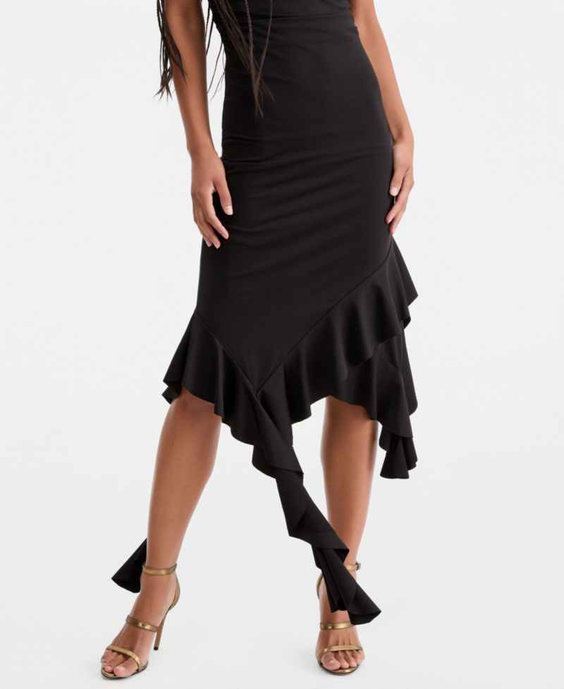 Women's Strapless Ruffled Asymmetric Midi Dress