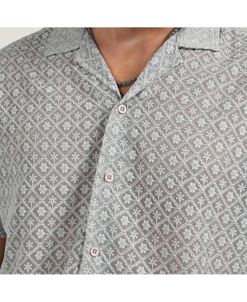 Men's Moon Grey Floral Embroidered Shirt