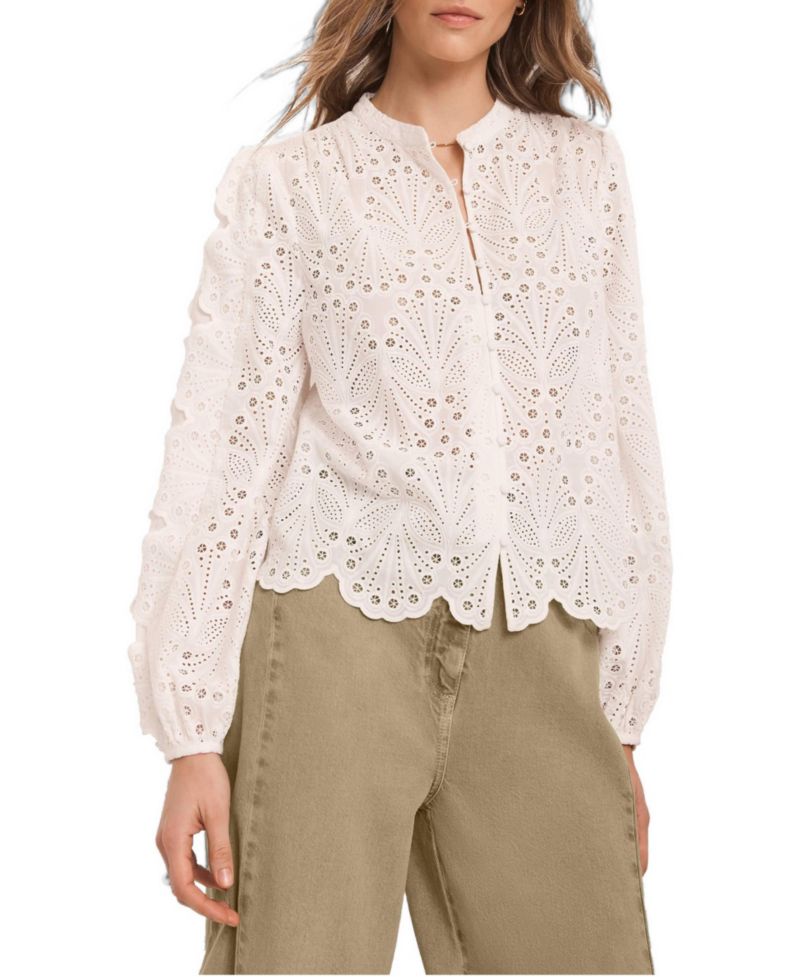 Women's Broderie Anglaise V-Neck Scalloped-Hem Blouse