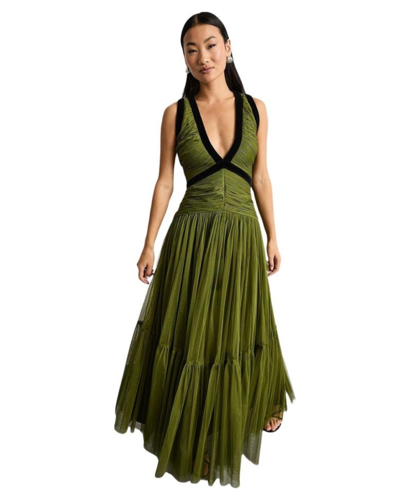 Women's Petite Velvet Trim Tulle Maxi Dress