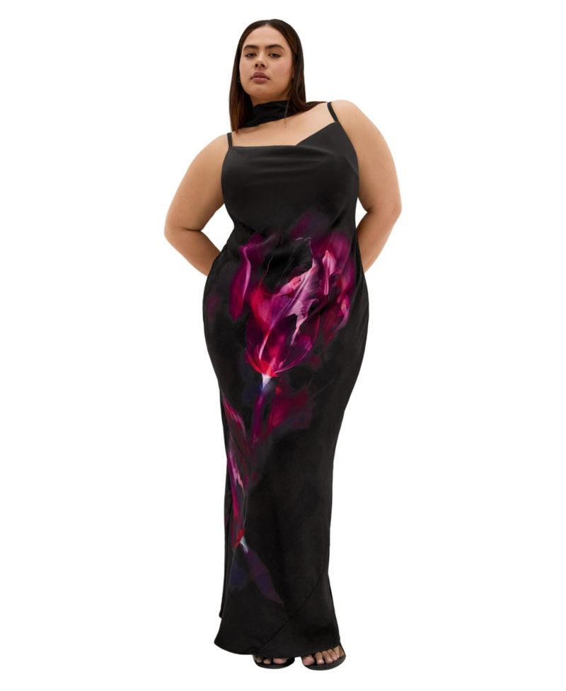Plus Size Sadie Paradise Print Cowl Neck Midi Slip Dress