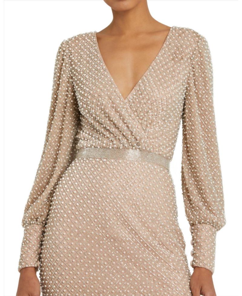 Women's Wrap Over Bishop Sleeve Gown With Pearl Beading