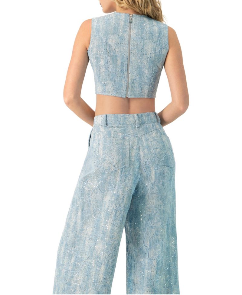 Women's Sleeveless Embroidered Denim Crop Top
