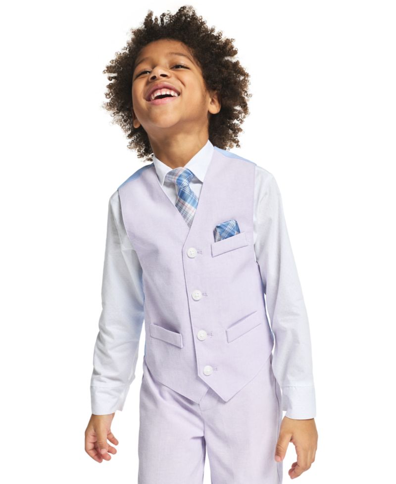 Boys' 2-7 Linen Check Long-Sleeve Shirt, Vest, Necktie, Pocket Square & Pants, 5-Piece Set