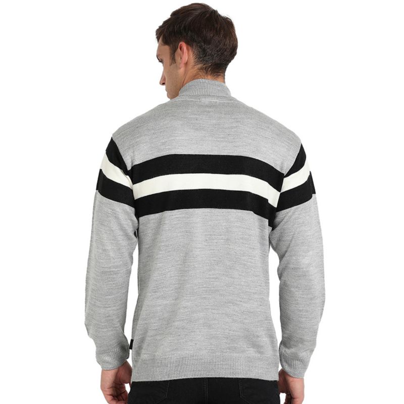 Men's Light Grey Relaxed Horizontal Striped Pullover Sweater