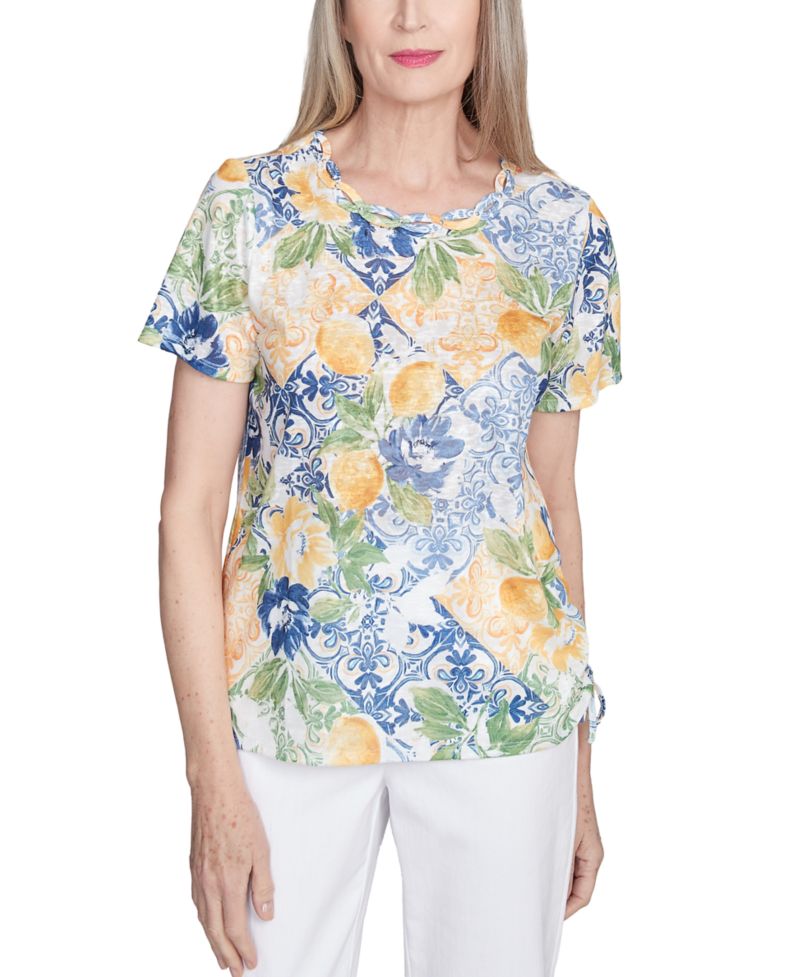 Women's Petite Knotted Ruched-Side Crewneck T-Shirt