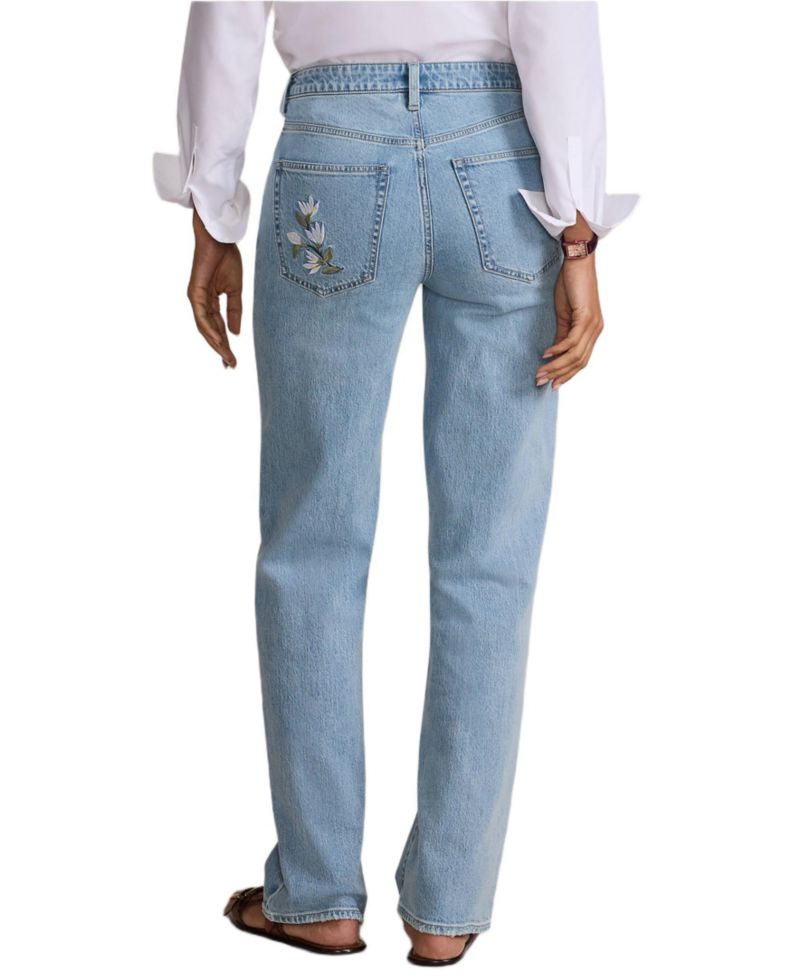 Petite Soft Denim Mid Rise Relaxed Straight Leg Embroidered Jeans