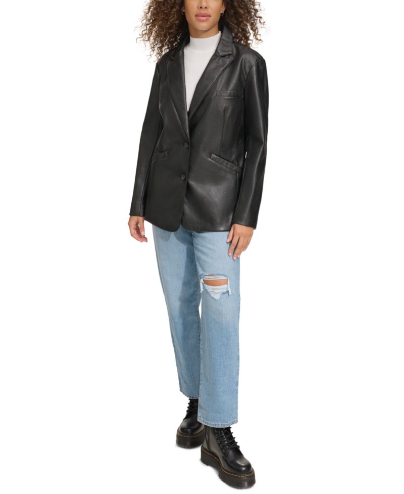 Plus Size Faux-Leather Peak-Lapel Blazer