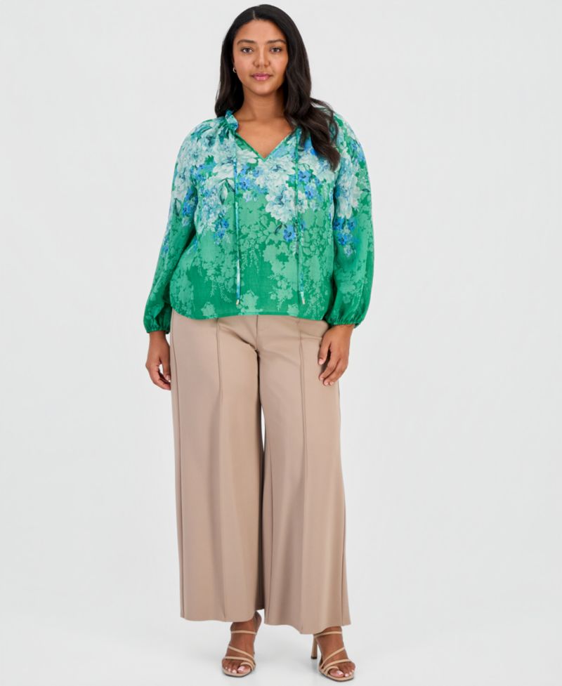 ASL Plus Size Long-Sleeve Floral Bow Blouse